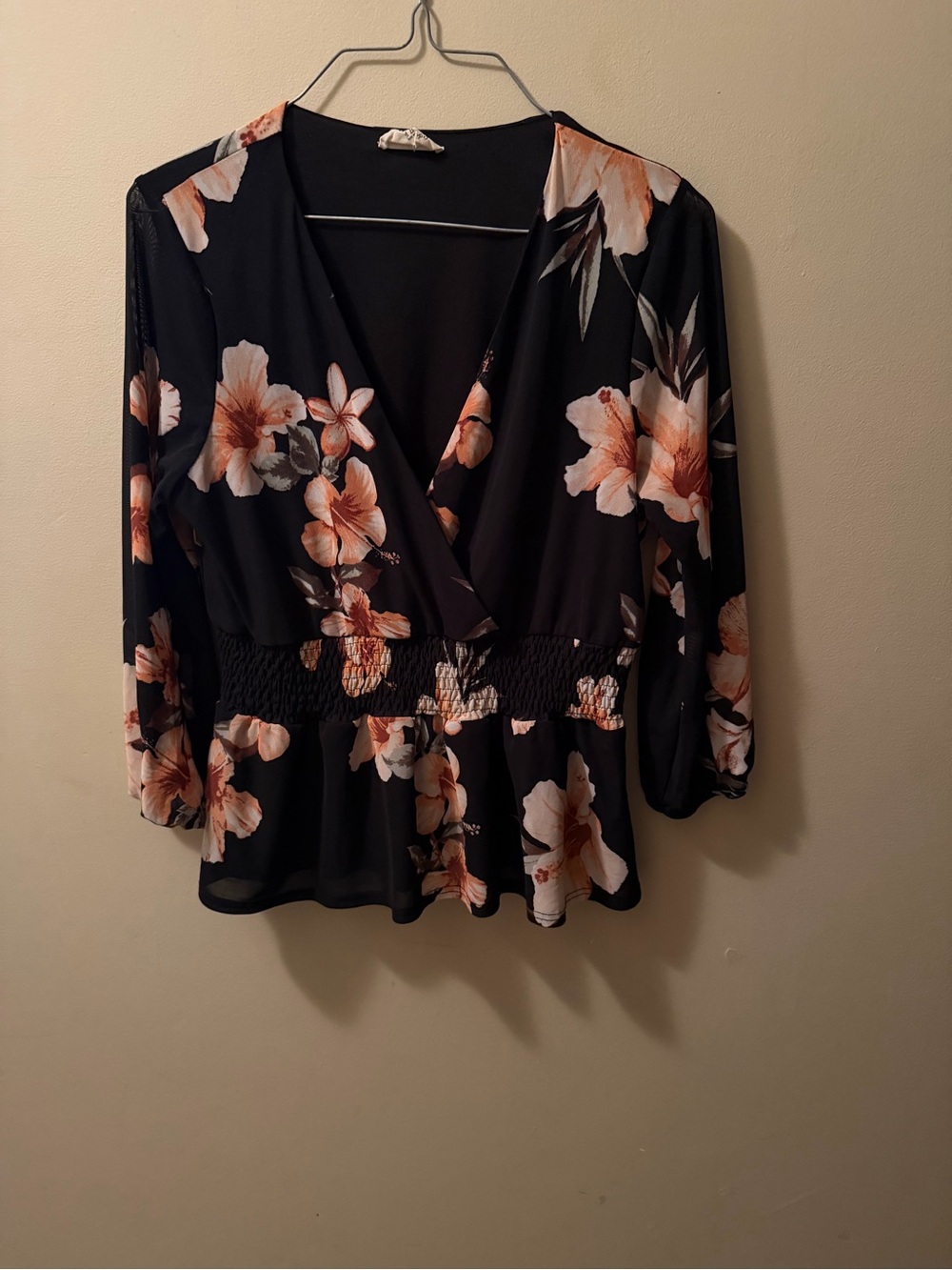 Floral Wrap Peplum Blouse - Black with Peach Blooms